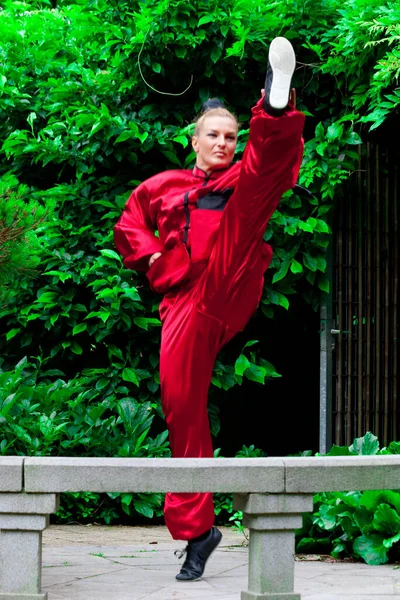 Guapa Chica Practicando Kung — Foto de Stock