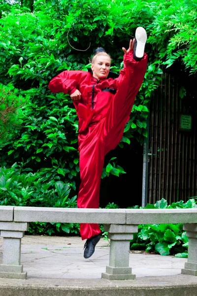 Guapa Chica Practicando Kung — Foto de Stock