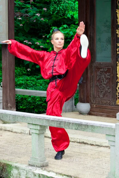Guapa Chica Practicando Kung — Foto de Stock