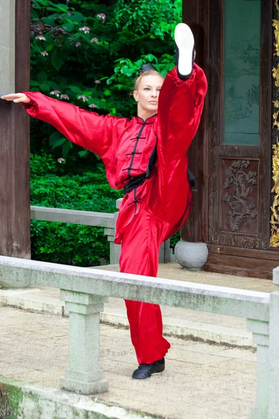 Guapa Chica Practicando Kung — Foto de Stock