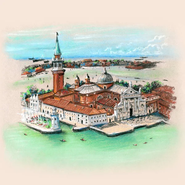 View Campanile San Marco San Giorgio Maggiore Island Hand Drawing — Stock Photo, Image