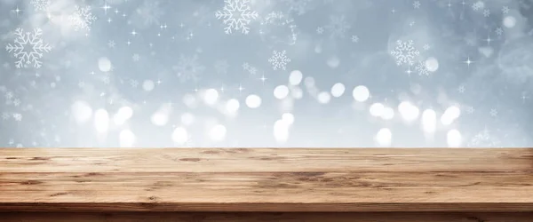 Срібний Зимовий Фон Дерев Яним Столом Різдвяної Прикраси — стокове фото