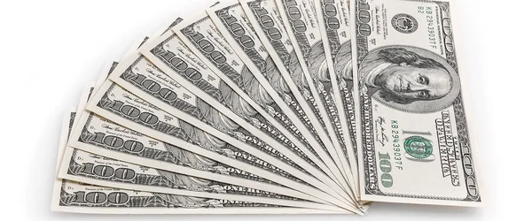 Ventilátor 100 Dolarové Bankovky Bílém Pozadí Pohled Shora — Stock fotografie