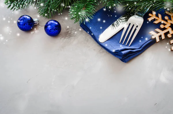 Background Writing Christmas Menu Winter Table Setting Christmas Tree Cutlery — Stock Photo, Image