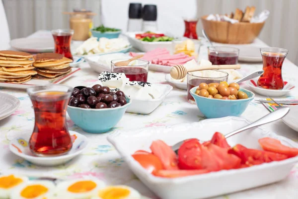 Turkish Breakfast Simit Bagel Pancake Cheese Cherry Tomato Cucumber Tea — Stock Photo, Image