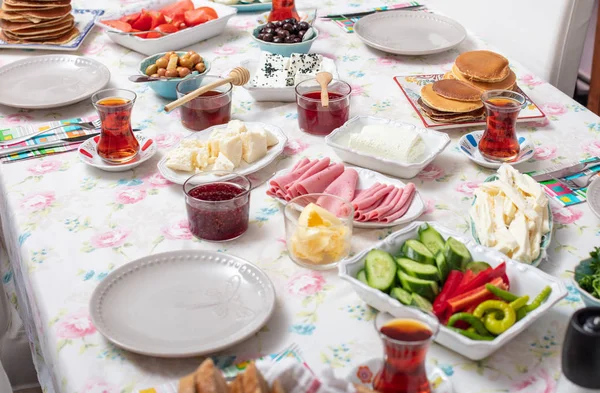 Turkish Breakfast Simit Pancake Cheese Cherry Tomato Cucumber Tea Table — Stock Photo, Image