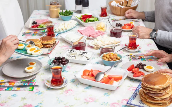 Turkish Breakfast Simit Pancake Cheese Cherry Tomato Cucumber Tea Table — Stock Photo, Image
