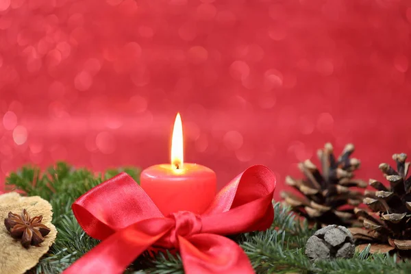 Burning Candle Bow Christmas Background — Stock Photo, Image