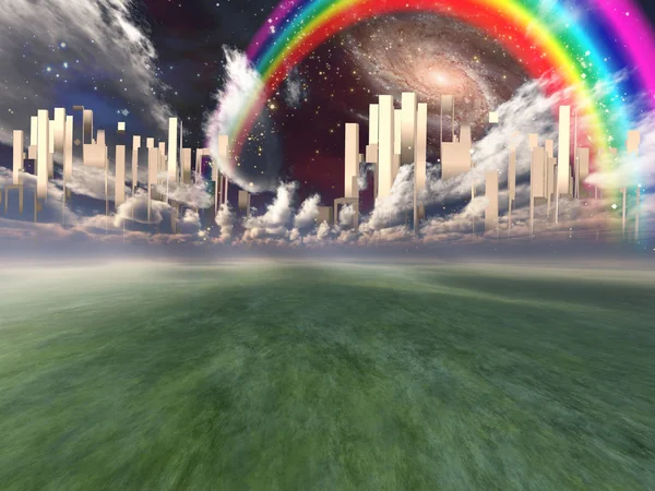 Città Celeste Tra Nuvole Arcobaleno Galassie Nel Cielo — Foto Stock