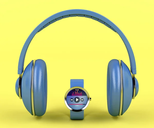 Ear Headphones Smart Watch Yellow Background — Stock Photo, Image