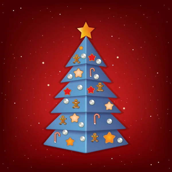 赤の背景にブルーのクリスマス ツリーや装飾品 — ストック写真