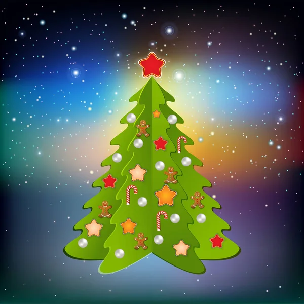 Σκούρο Μπλε Ευχετήριες Χριστουγεννιάτικες Πράσινο Δέντρο Και Διακοσμήσεις — Φωτογραφία Αρχείου