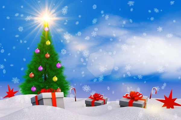 Рождественская Елка Снегу Подарок Рендеринг — стоковое фото
