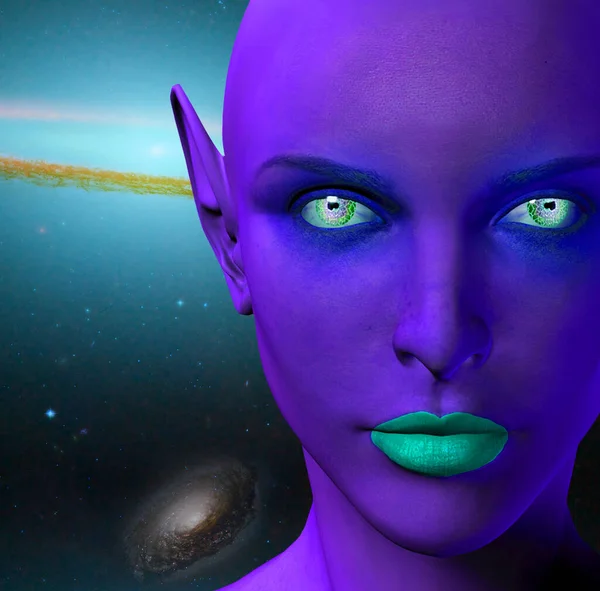 Kvinnliga Utomjordingars Ansikte Färgglada Universum Bakgrund — Stockfoto