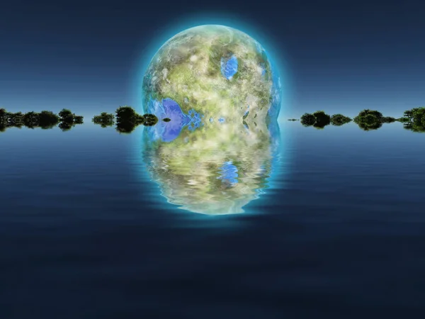 Сюрреалистичное Искусство Зеленые Деревья Воде Гигантская Терраформированная Луна Небе — стоковое фото