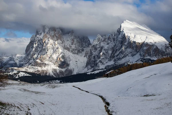 Bela Vista Das Montanhas Das Dolomitas Langkofel Plattkofel Sassolungo Sassopiatto — Fotografia de Stock