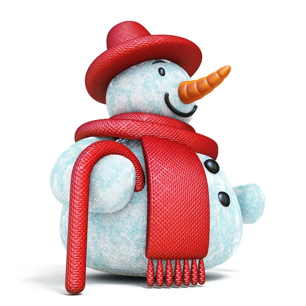 Снеговик Красной Шляпе Шарф Палка Вид Сбоку Рендеринг Иллюстрации Изолированы — стоковое фото