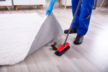 Lowsection View Of A Janitor Cleaning Dirt Under The Carpet With Mop clipart