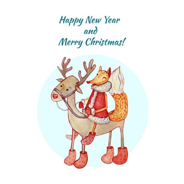 Vánoční Novoroční Karta Sly Fox Koni Jelen Akvarelu Ilustrace Bílém — Stock fotografie