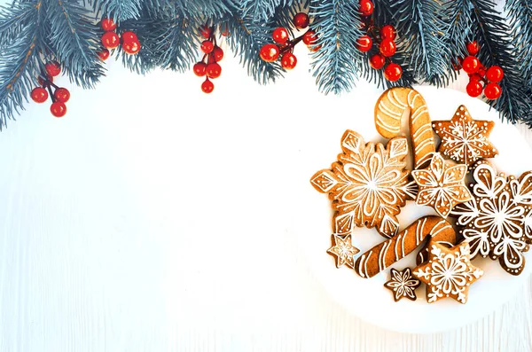 Christmas Homemade Gingerbread Cookies Fir Branches White Wooden Background Flat — Stock Photo, Image