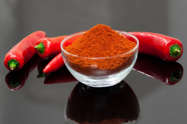 Röd Chili Pulver Glasskål Vit Bakgrund — Stockfoto