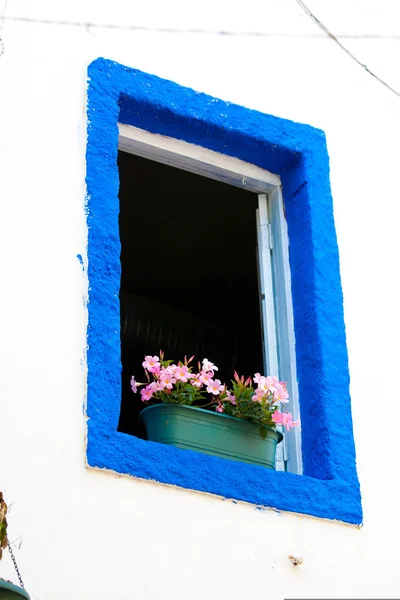 Janela Azul Com Flores Varanda — Fotografia de Stock