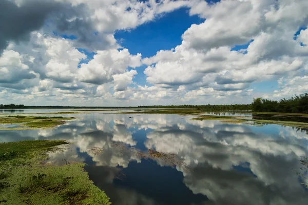 Stående Vatten Reflektera Himlen Med Cumulus Moln — Stockfoto