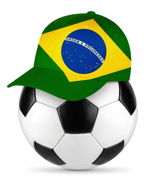 Klasyczna Czarna Biała Piłka Nożna Skórzana Brazylijską Brazylijską Czapką Kibiców — Zdjęcie stockowe