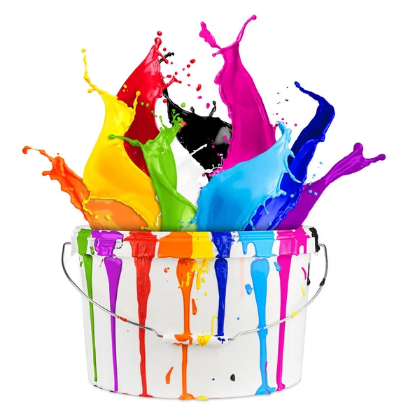 White Bucket Colorful Rainbow Color Paint Splashes Isolated White Background — Stock Photo, Image