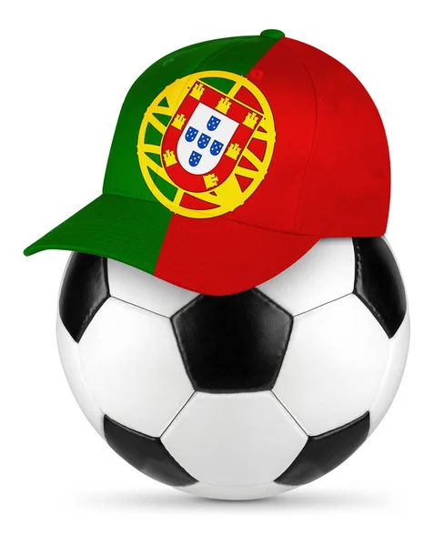 Klasický Černý Bílý Kožený Fotbalový Míč Portugalskými Fanoušky Baseballu Čepice — Stock fotografie