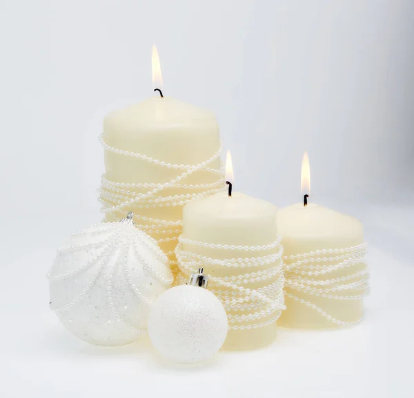 Christmas New Year Still Life Burning Candles Christmas Ornaments Isolated — Stock Photo, Image