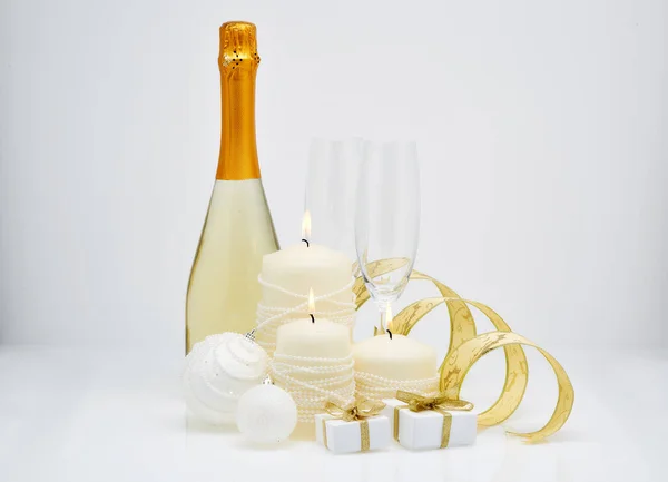 Christmas New Year Still Life Two Empty Champagne Flutes Champagne — Stock Photo, Image