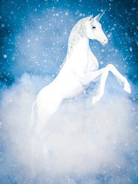 Візуалізація Білої Чарівної Казки Фентезі Єдинорога Оточенні Снігу Хмар — стокове фото