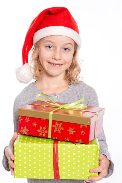 Buena Chica Con Santa Gorra Regalo Imagen De Stock