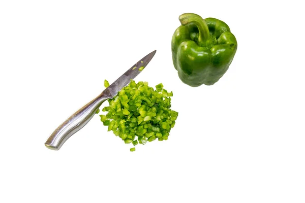 Whole Chopped Green Capsicums Knife Isolated White Background — Stock Photo, Image