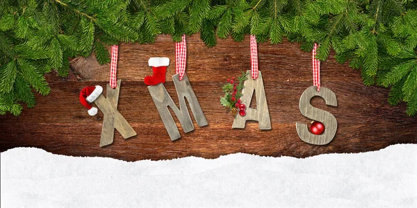 Xmas Lettering Com Ramos Abeto Parede Madeira Neve — Fotografia de Stock