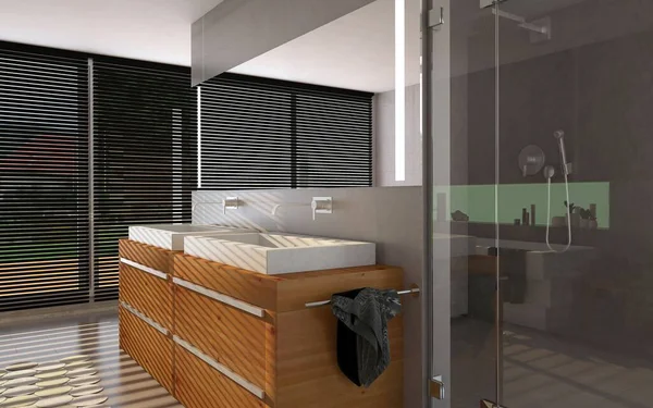 现代浴室与阳光 大理石瓦 木制家具和现代虚荣心 3D渲染 — 图库照片