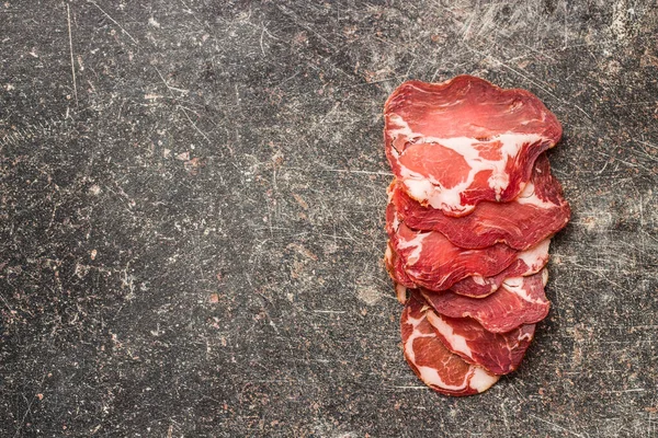 Dried Pork Meat Slices Old Kitchen Table — Stock Photo, Image