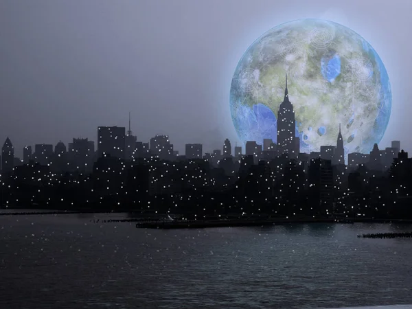 Composición Futurista Surrealista Luna Terraformada Sobre Manhattan — Foto de Stock