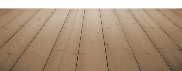 Lekkie Brązowe Drewniane Deski Jako Tabeli Lub Podłodze Perspektywie Białym — Zdjęcie stockowe