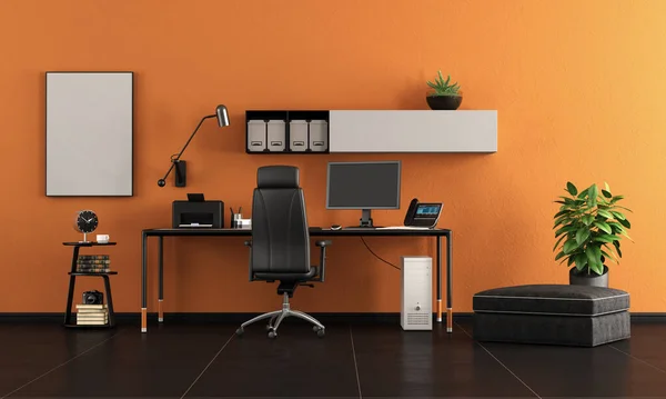 Bureau Domicile Noir Orange Avec Bureau Minimaliste Avec Rendu — Photo