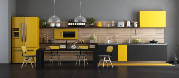 Чорно Жовта Сучасна Кухня Обіднім Столом Стільцями Візуалізація — стокове фото