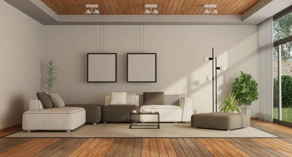 Obývací Pokoj Moderní Vile Pohovkou Dřevěný Strop Dřevěné Podlahy Vykreslování — Stock fotografie