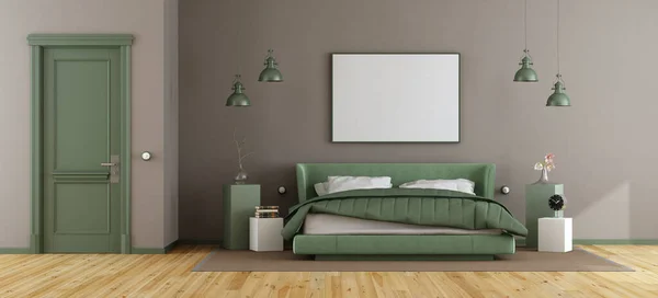 Elegant master bedroom with green double bed and brown wall - 3d rendering