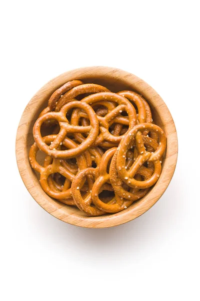 Gezouten Mini Pretzels Snack Kom Geïsoleerd Witte Achtergrond — Stockfoto