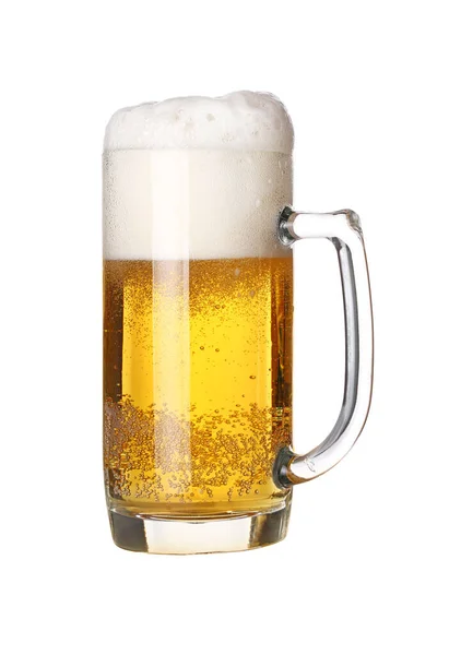 Feche Uma Caneca Vidro Cheia Cerveja Lager Com Espuma Bolhas — Fotografia de Stock