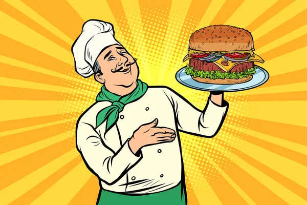 Chef Con Burger Cucinare Fast Food Pranzo Ristorante Fumetto Pop — Foto Stock