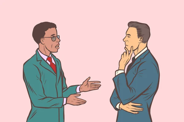 ビジネスマン2人が話してる 多民族 漫画ポップアートレトロベクトルイラストドローイング — ストック写真