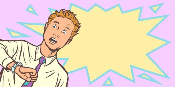Homme Regarde Montre Tard Concept Date Limite Dessin Animé Pop — Photo