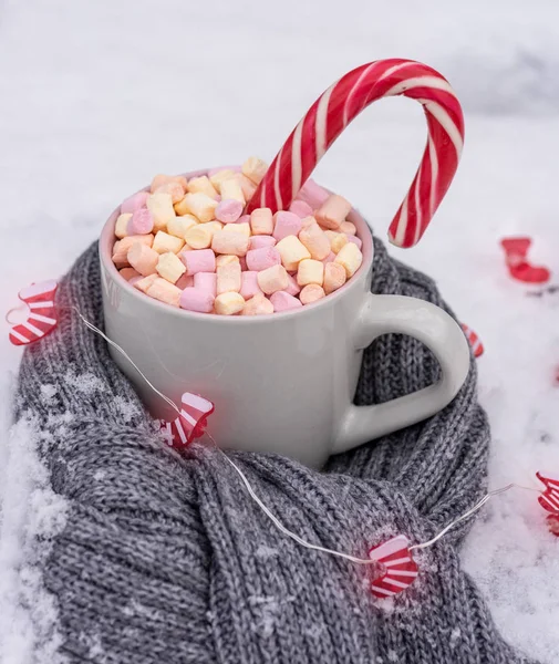 Tazza Ceramica Con Cioccolata Calda Con Marshmallow Sulla Neve Bianca — Foto Stock